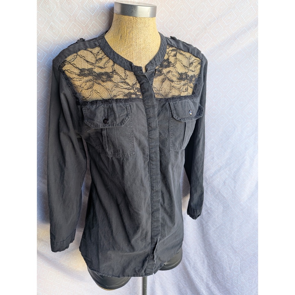 Zara Button Down Shirt Womens Black Excellent Lace Yoke Utility Pockets S